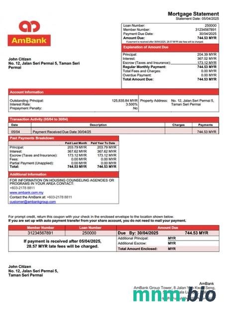 Malezja Bank AmBank wyciąg z kredytu hipotecznego szablon Word i PDF